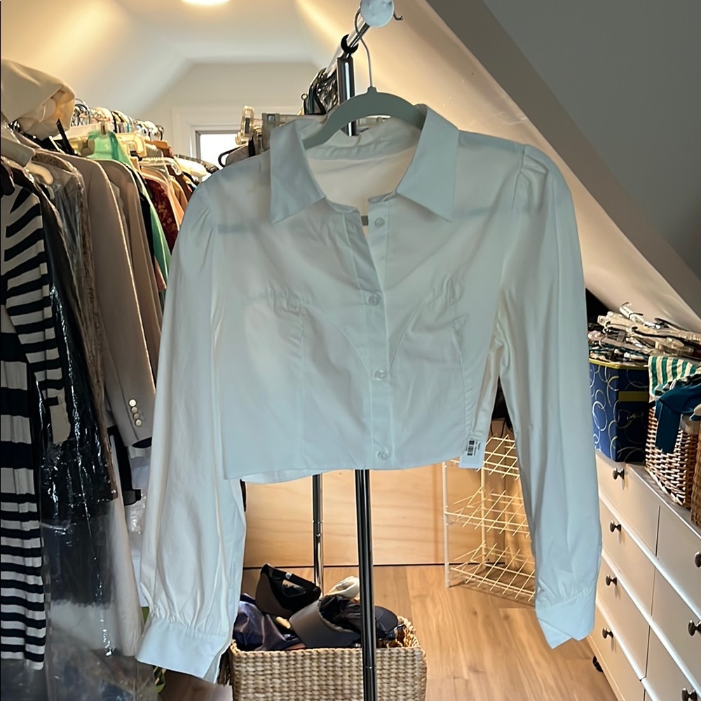 Blue Cuffed Sleeve Button Down Crop Top